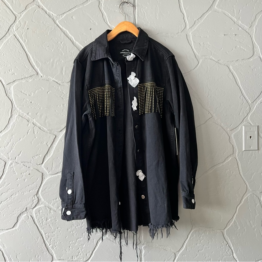 American Bazi Trademark Black Denim Gold Fringe Jacket